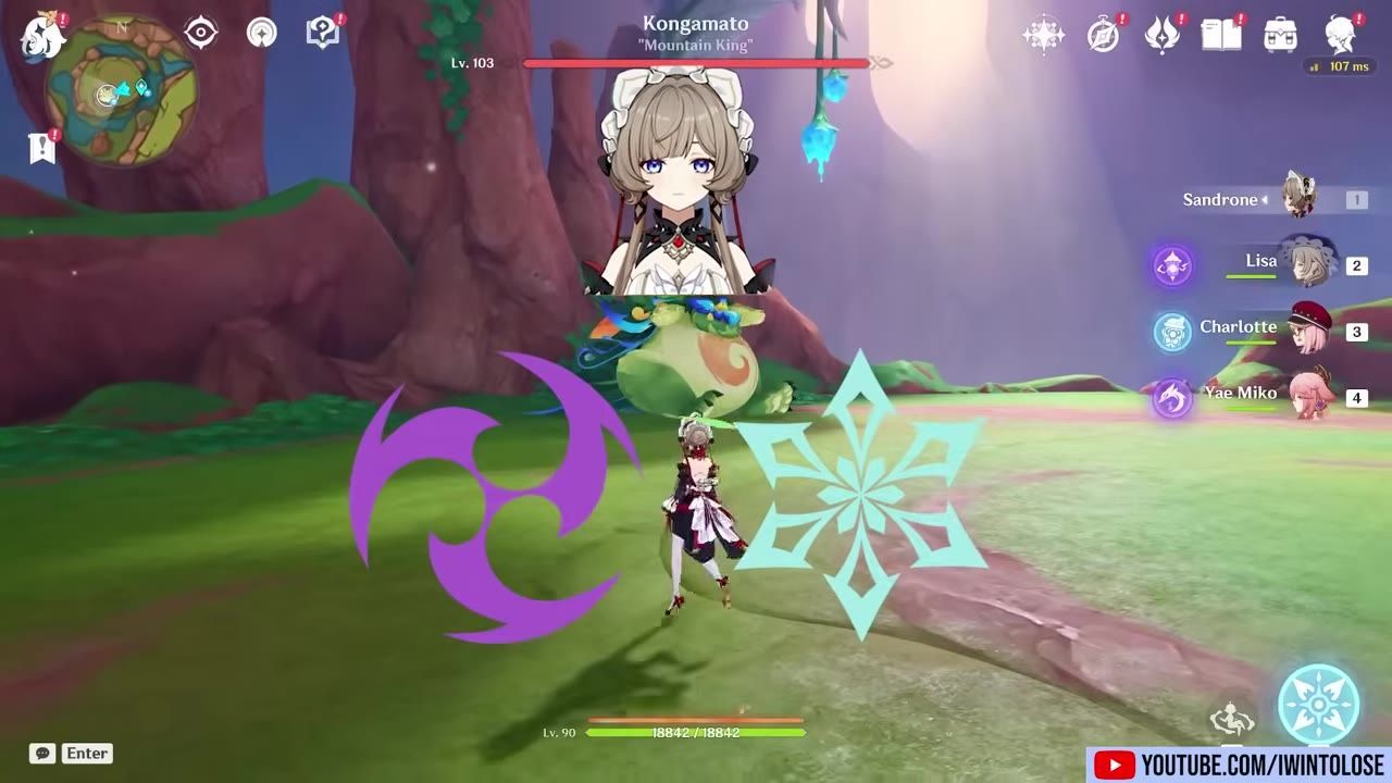 Game scene showing a character with effects, including purple circular symbols and icy snowflake symbols.