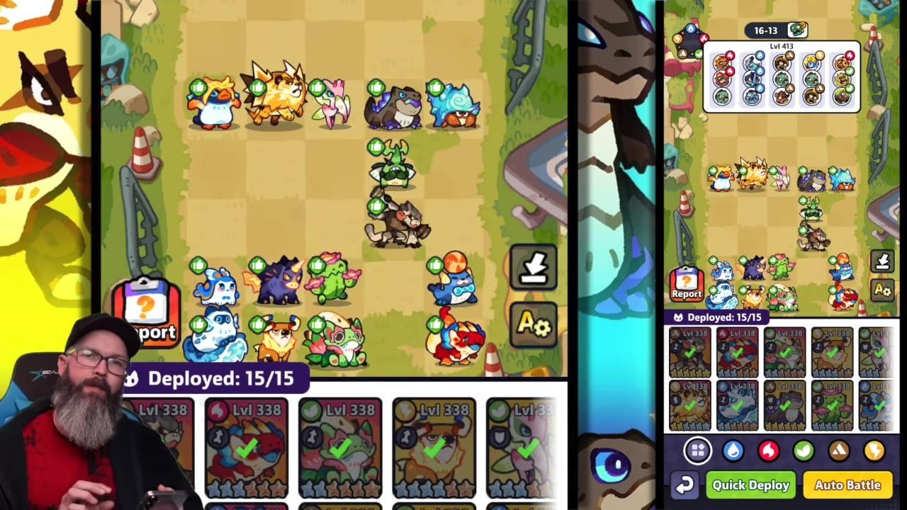 Battle screen showing characters deployed across lanes with elemental indicators.