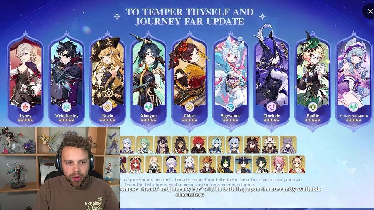 The constellation selector screen shows various character options in 'To Temper Thyself and Journey Far' update.