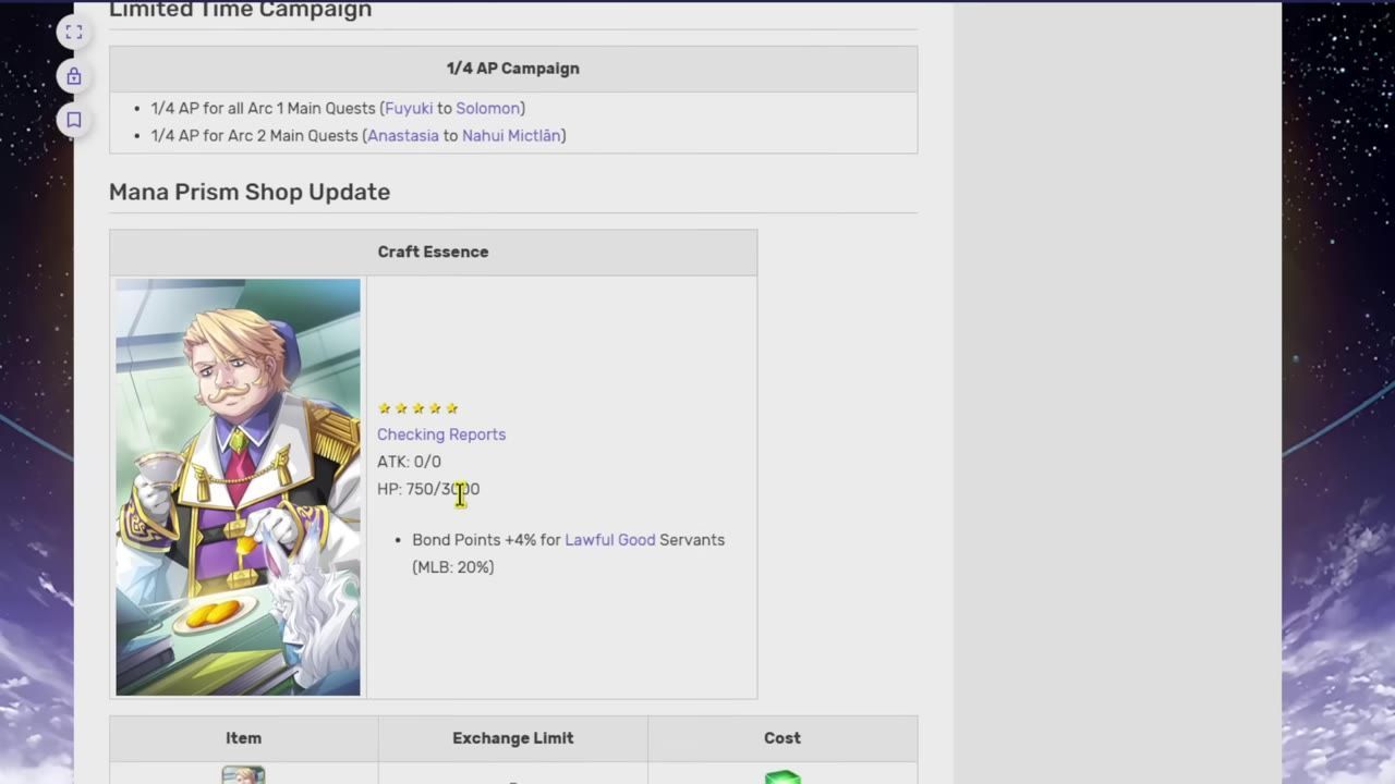 A Mana Prism Craft Essence description showing bond bonus details for lawful good servants.