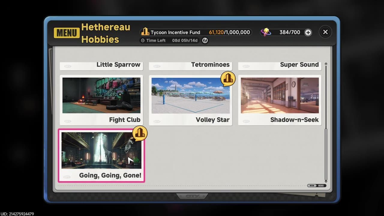 The Hethereau Hobbies menu is open with several activity tiles, including Going, Going, Gone! highlighted near the bottom left.