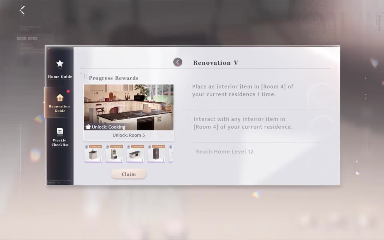 A game menu shows the Home Guide sidebar with Renovation Guide selected and a renovation progress rewards page open.