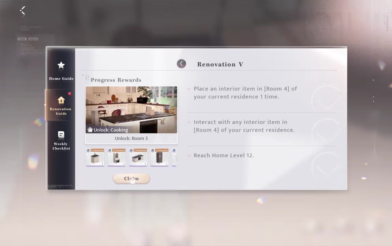 A game screen showing the renovation guide task menu with Room 5 upgrade details.