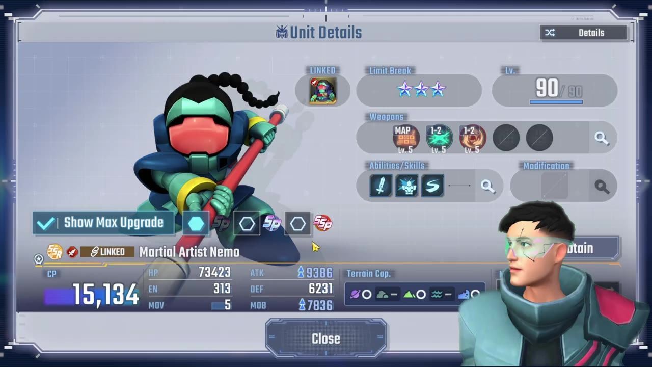 The Unit Details screen for Martial Artist Nemo, showing stats, abilities, and SP details.