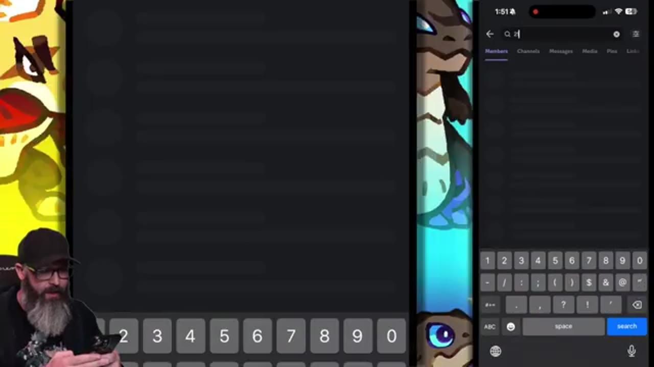 A Discord mobile search screen is open with 21 typed into the search field and the keyboard visible.
