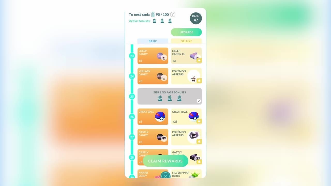 A vertical interface showing rewards assigned to ranks in a Go Pass system, with free rewards highlighted.