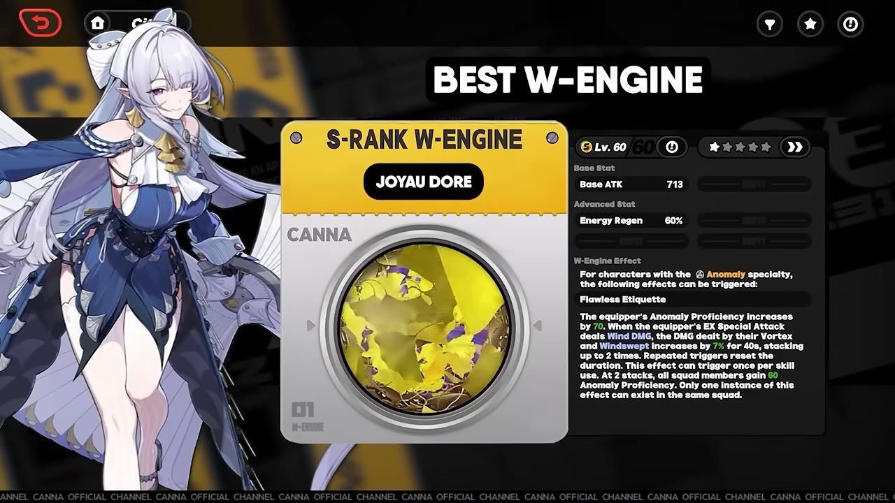 An image showing the S-Rank W-Engine 'Joyau Doré' with its stats and passive details.