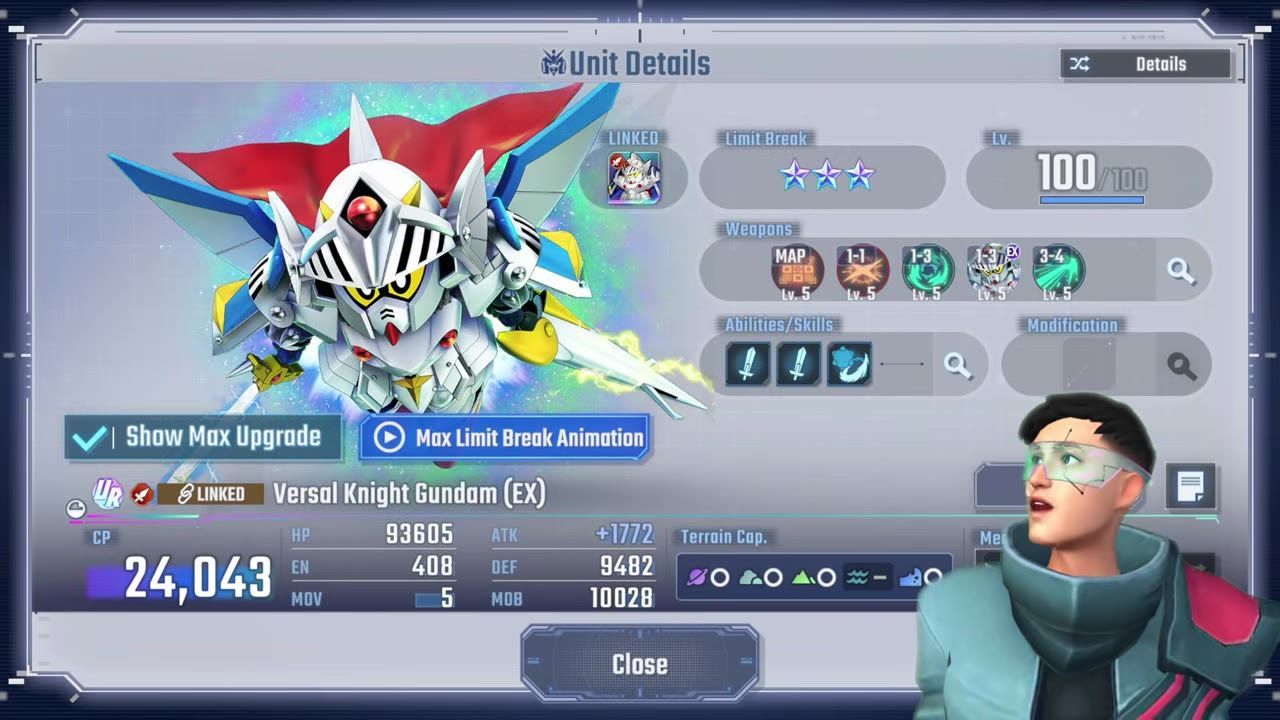 Detailed stats of Versal Knight Gundam are shown, including attack power and terrain adaptability.