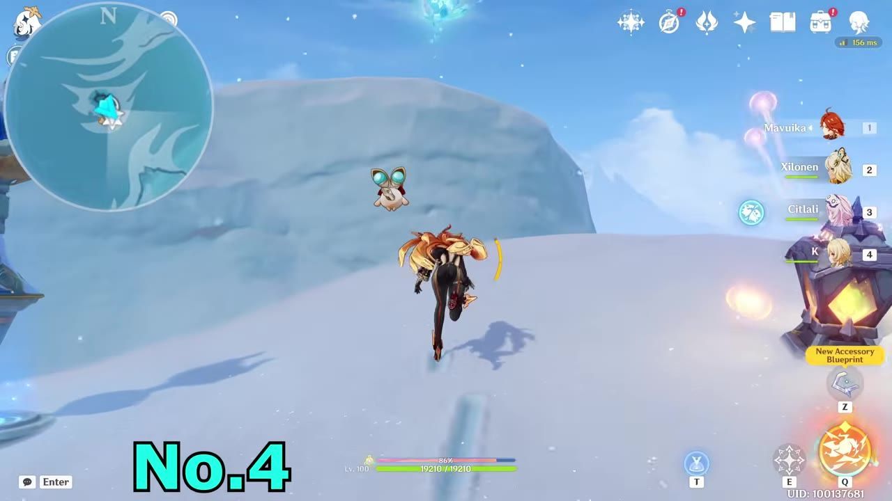 A player exploring a snowy terrain with a cryoculus visible above frozen rocks.