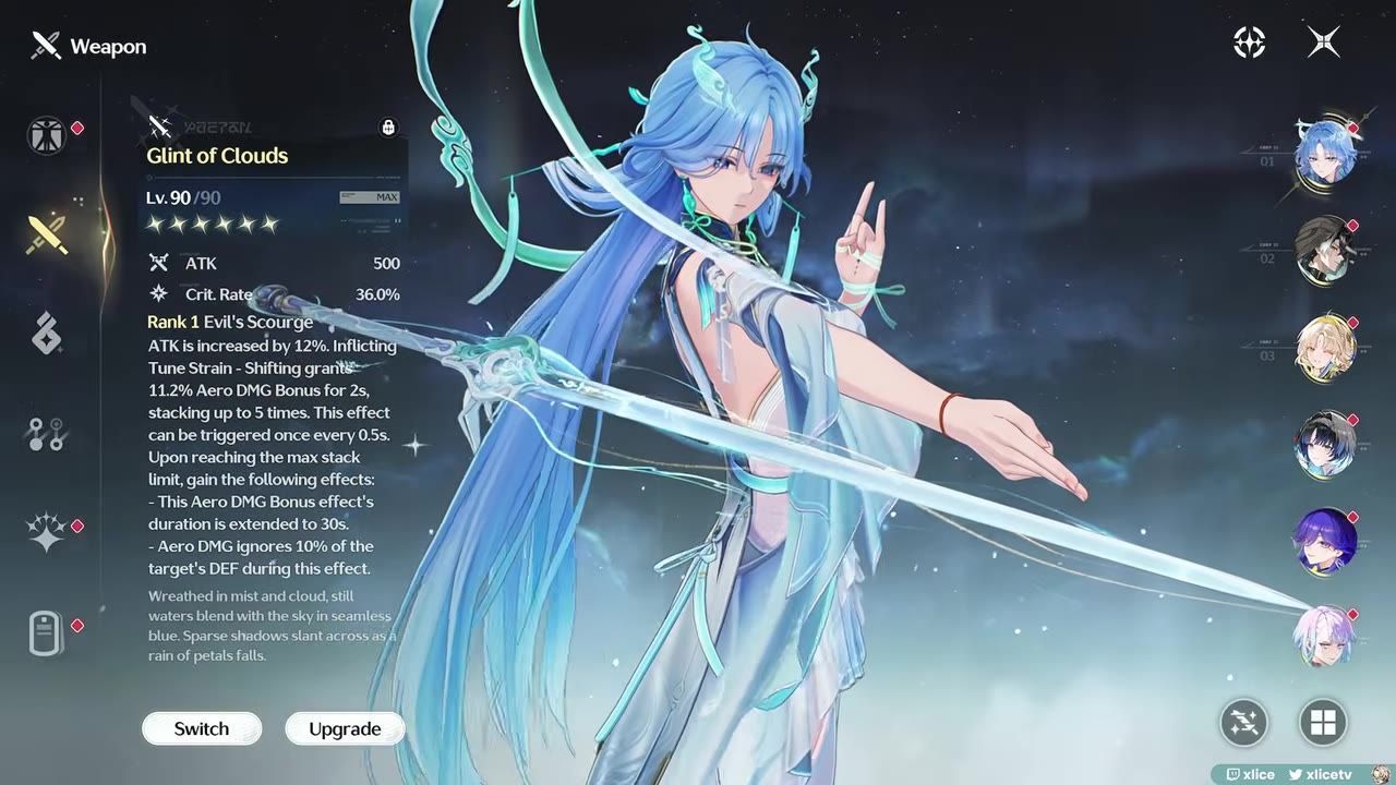 Weapon screen showing Qingxiao with signature weapon equipped and its details.