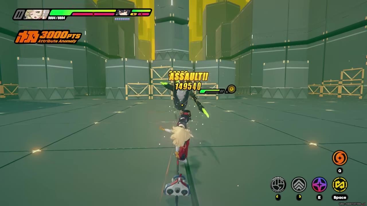 A character attacks an enemy in Zenless Zone Zero with visible HP bar and anomaly buildup gauges.