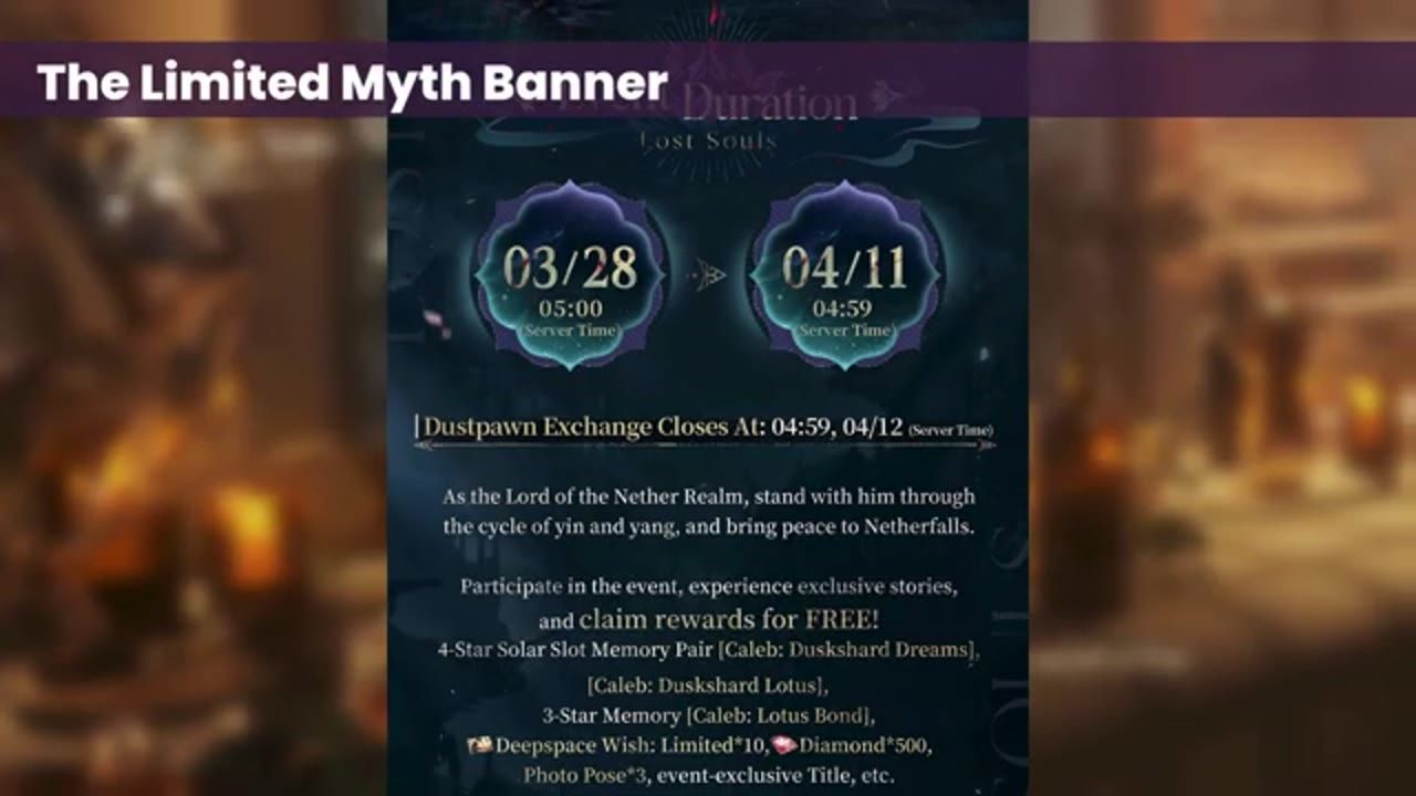 A game event banner page titled The Limited Myth Banner shows the duration dates and a list of Caleb memories and rewards.