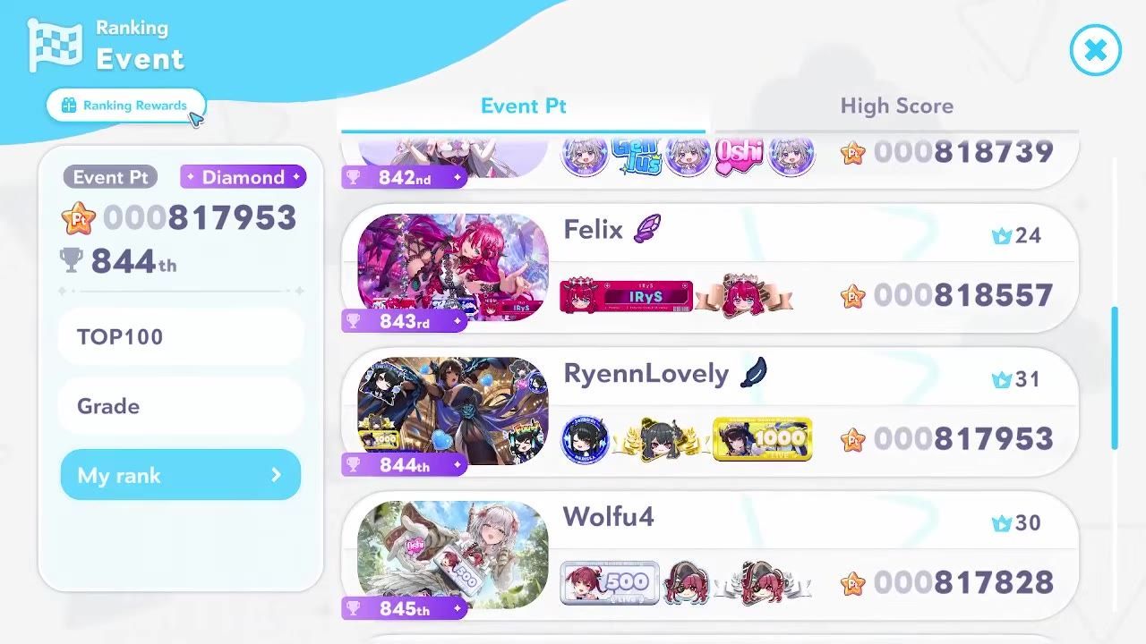 An event ranking leaderboard is open with a left panel showing Event Pt, Diamond rank, and my rank, and a list of ranked players with scores and reward icons on the right.