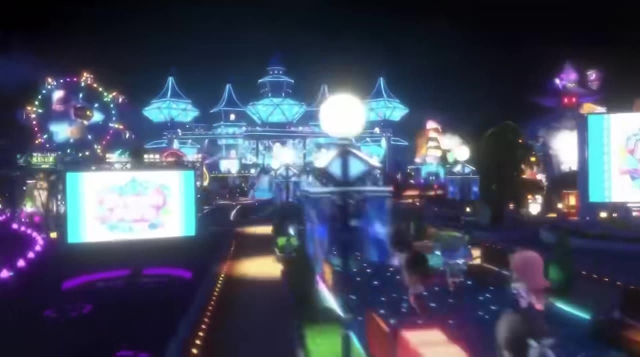 A neon-lit theme park at night with glowing rides, illuminated paths, and large display screens.