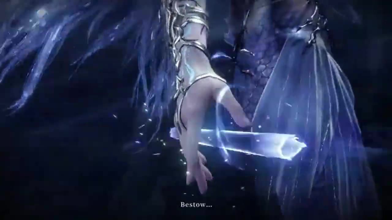 An anime-style sea god character with long blue hair holds a glowing sword against a dark blue background, with the subtitle "Bestow..." at the bottom.