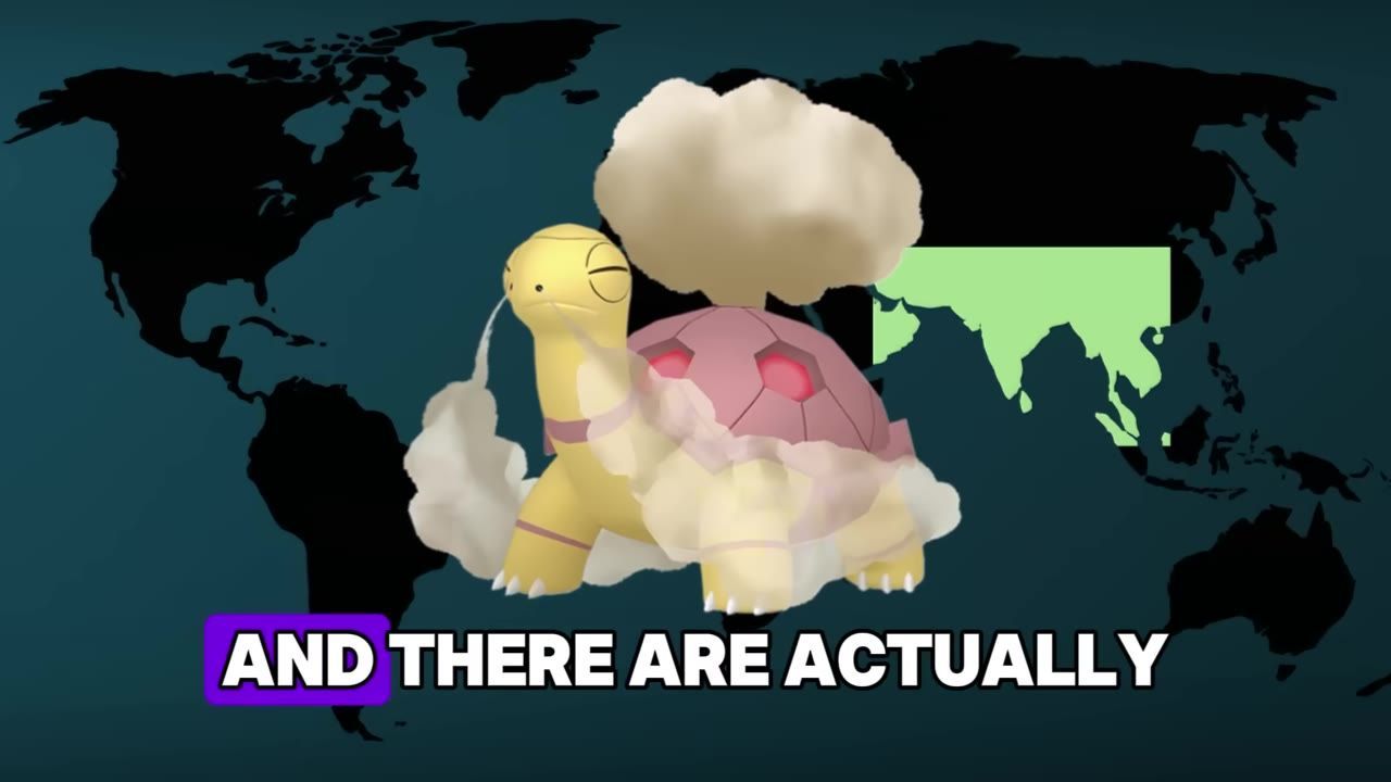 A world map fills the screen with one region highlighted in green and a Pokémon model in front of it, while large subtitle text appears at the bottom.