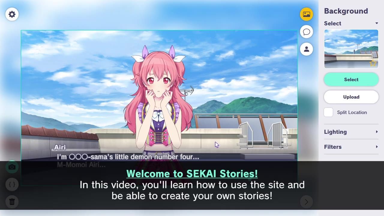 A SEKAI Stories story editor is open with an anime character on a rooftop background, editing controls on the right, and a large welcome message at the bottom.