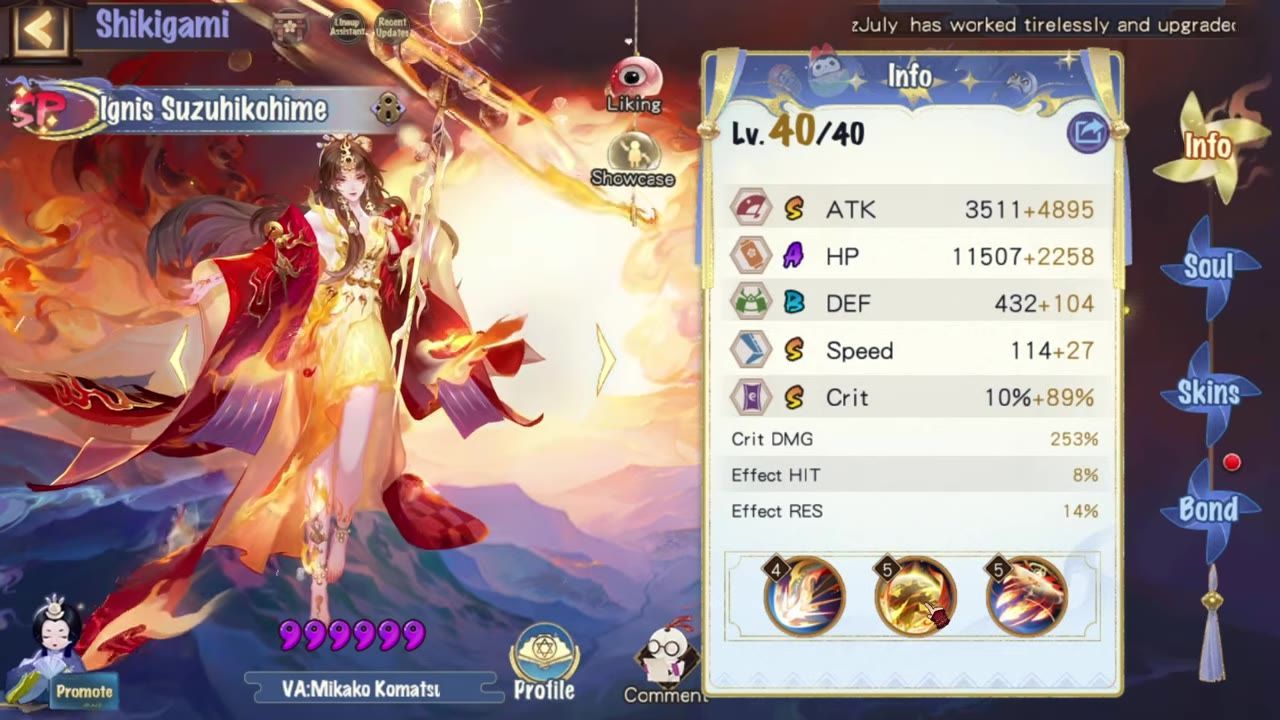 A character info screen shows a female character illustration on the left and a stats panel on the right with level, attack, HP, defense, speed, and crit values.