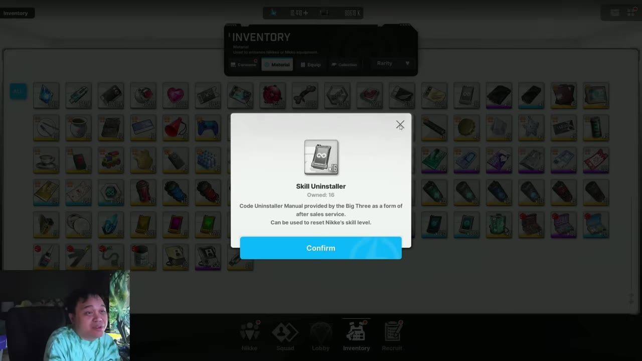 An inventory screen is open with a centered popup for Skill Uninstaller showing the item icon, owned count, description, and a Confirm button.