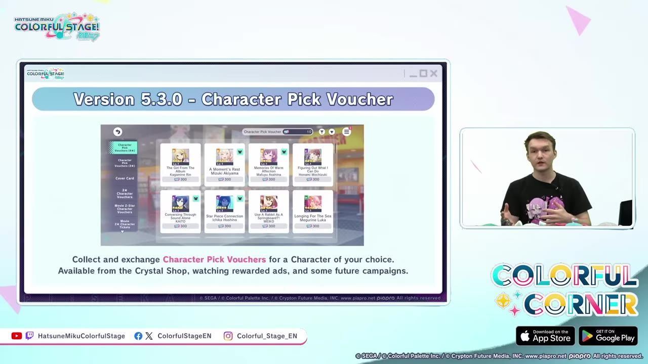 A presentation slide titled Version 5.3.0 - Character Pick Voucher appears beside a presenter speaking in a boxed video window.