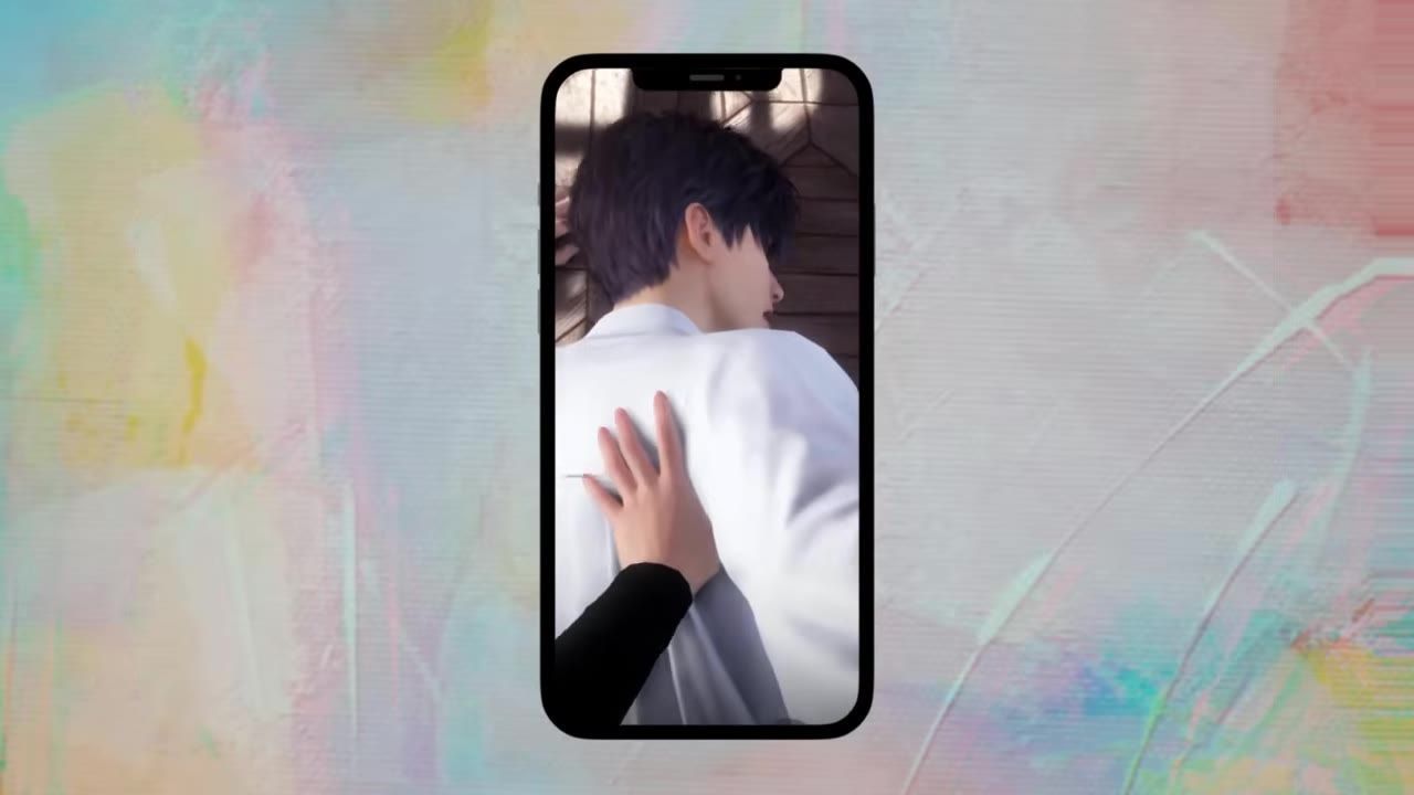 A vertical phone frame shows a dark-haired character in a white shirt being touched on the back while turning away.