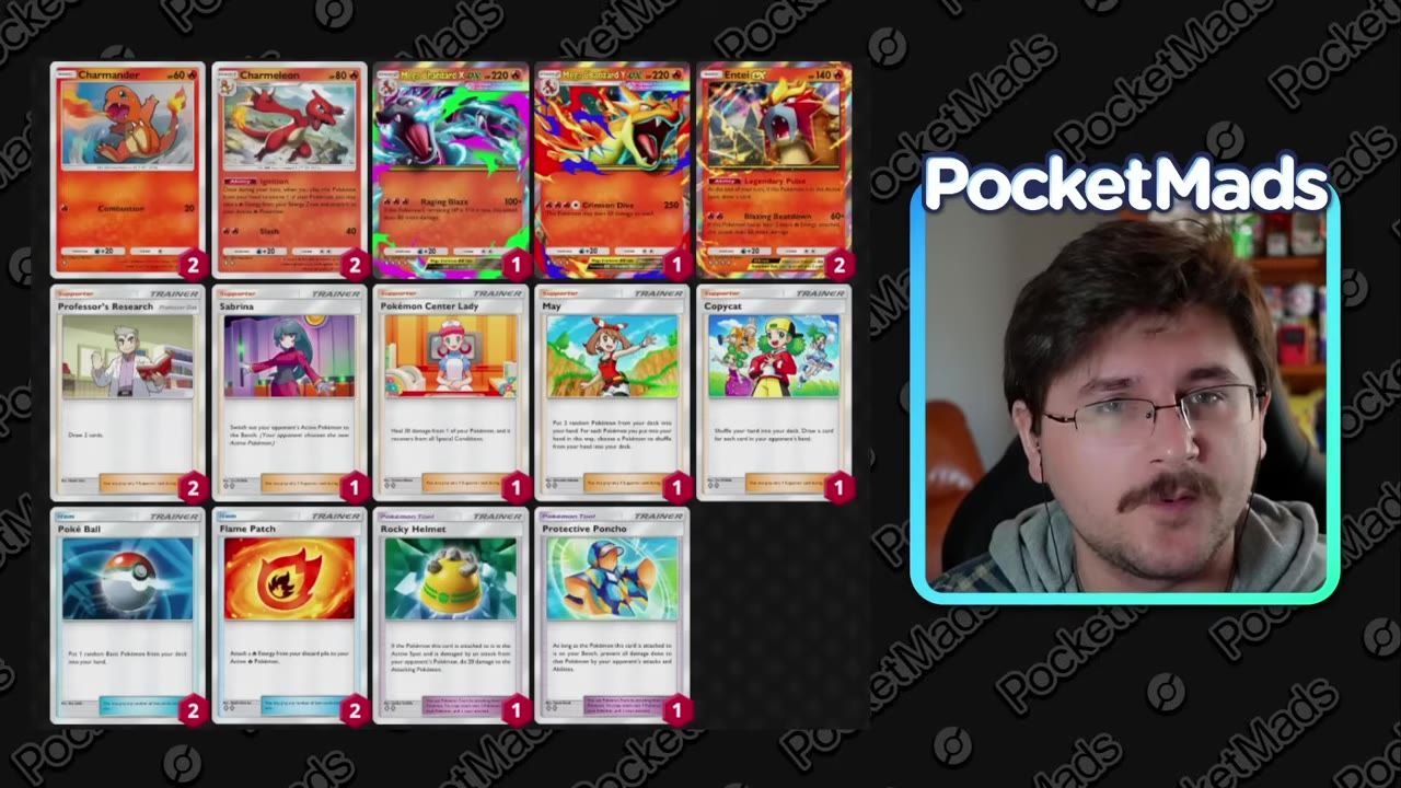 A deck list slide with Pokémon cards and counts appears on the left while a speaker appears in a framed webcam box on the right.