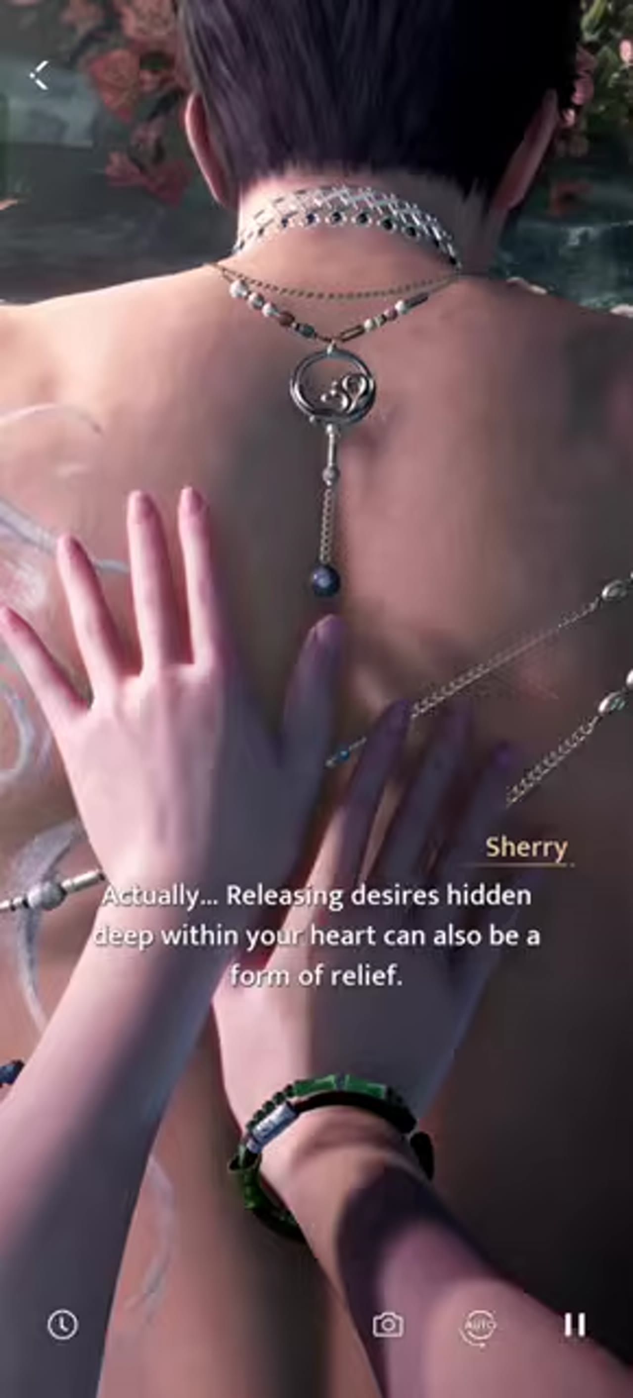 A close-up view shows the back of a character with jewelry while two hands touch them, with water and flowers blurred in the background and subtitle text on screen.