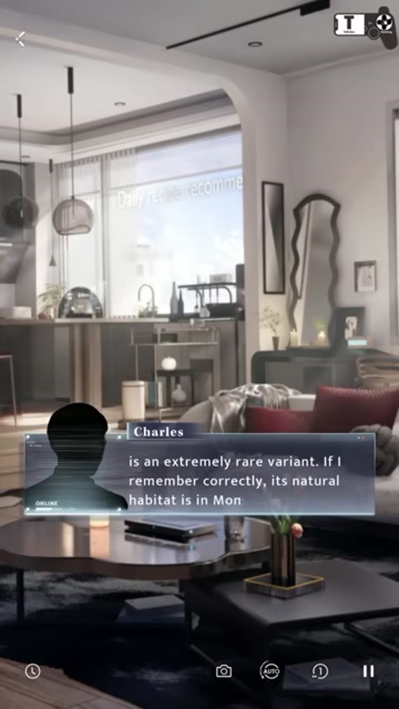 A game dialogue box from Charles appears over a modern living room, with text describing an extremely rare variant and its natural habitat.