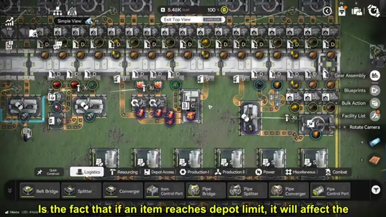 A top-down factory management screen shows multiple production lines, depot buildings, and a large explanatory subtitle at the bottom.