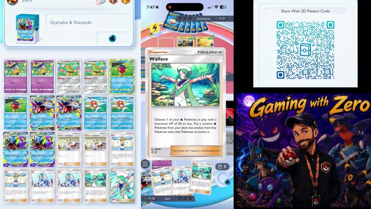 A Pokémon deck list panel is open on the left, labeled Gyarados & Sharpedo, with card thumbnails arranged in rows beside the gameplay area.