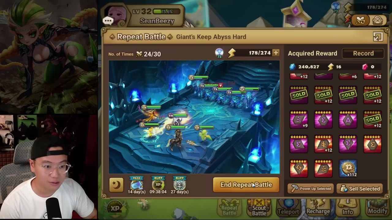 A repeat battle screen for Giant's Keep Abyss Hard shows a dungeon fight with the team lineup on the left and enemies on the right, while rewards are listed on the side.
