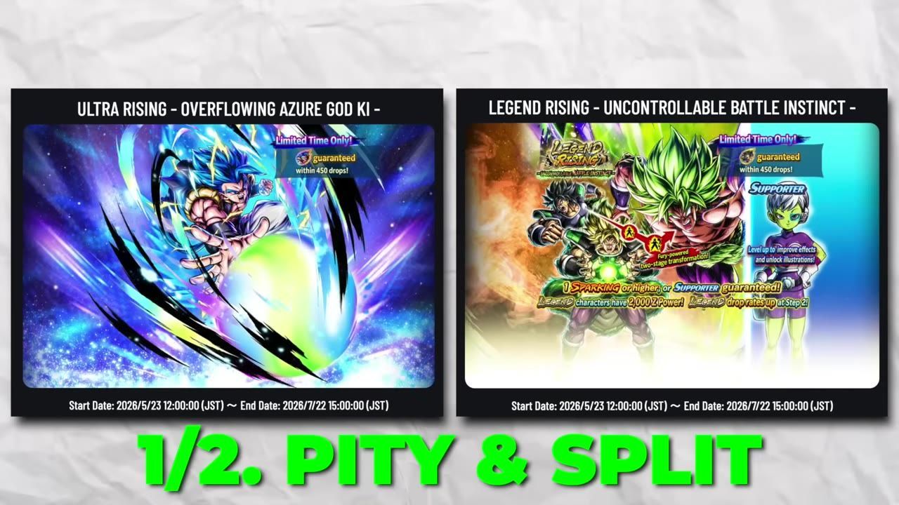 Two summon banners are shown side by side with large green text reading 1/2. PITTY & SPLIT at the bottom.