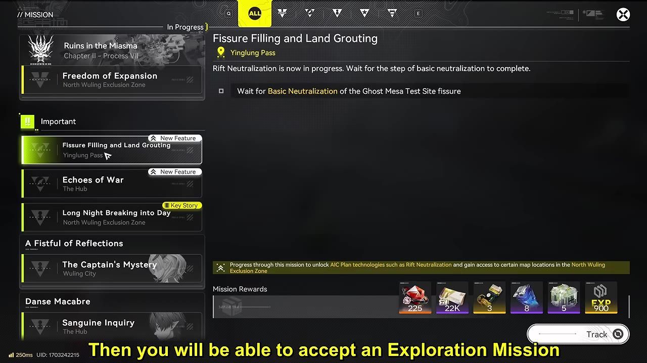 A mission menu is open with the selected mission "Fissure Filling and Land Grouting" and a highlighted progress note about unlocking AIC Plan technologies such as Rift Neutralization.