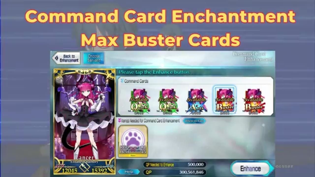 A game enhancement screen shows a Lancer servant card on the left and command card requirements on the right, with Buster cards highlighted and an Enhance button at the bottom.