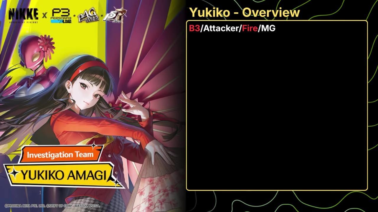 A character overview screen for Yukiko Amagi shows her artwork on the left and a black info panel on the right with the text "B3/Attacker/Fire/MG."