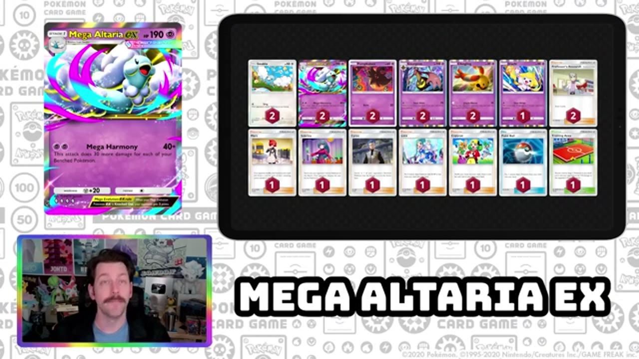A webcam view of a speaker appears at bottom left next to a Mega Altaria ex deck list and card image.