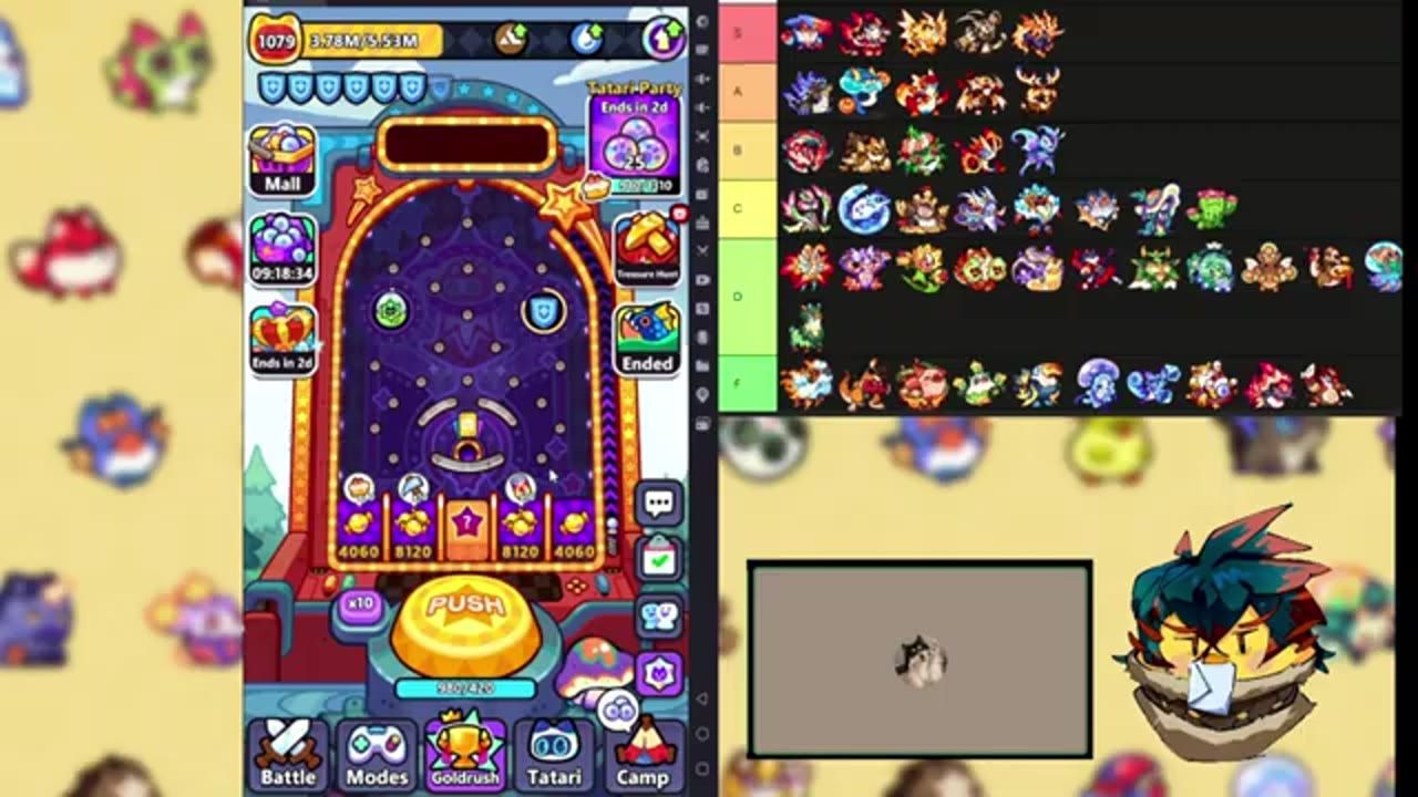 A game formation screen shows a purple board with several critters placed on it and a large gold push button at the bottom.