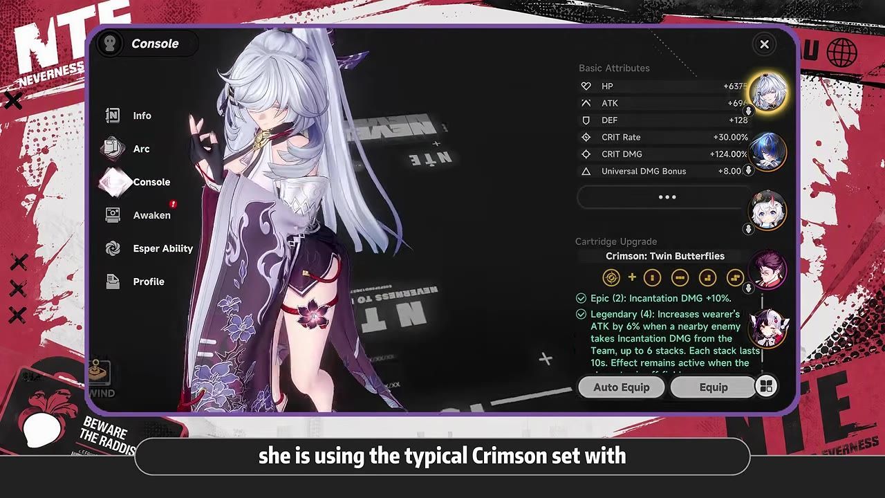 A character customization panel displaying Zankou with equipped modules and Crimson set.