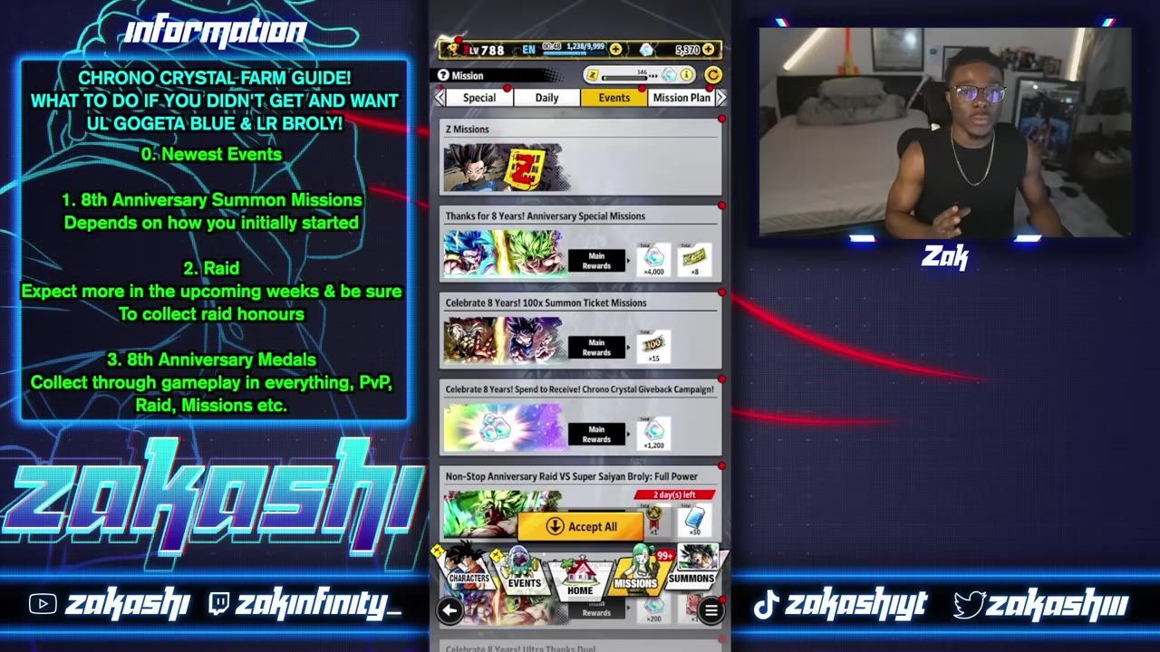 A mobile game missions menu is open on the Events tab, showing several 8th anniversary mission entries and rewards.