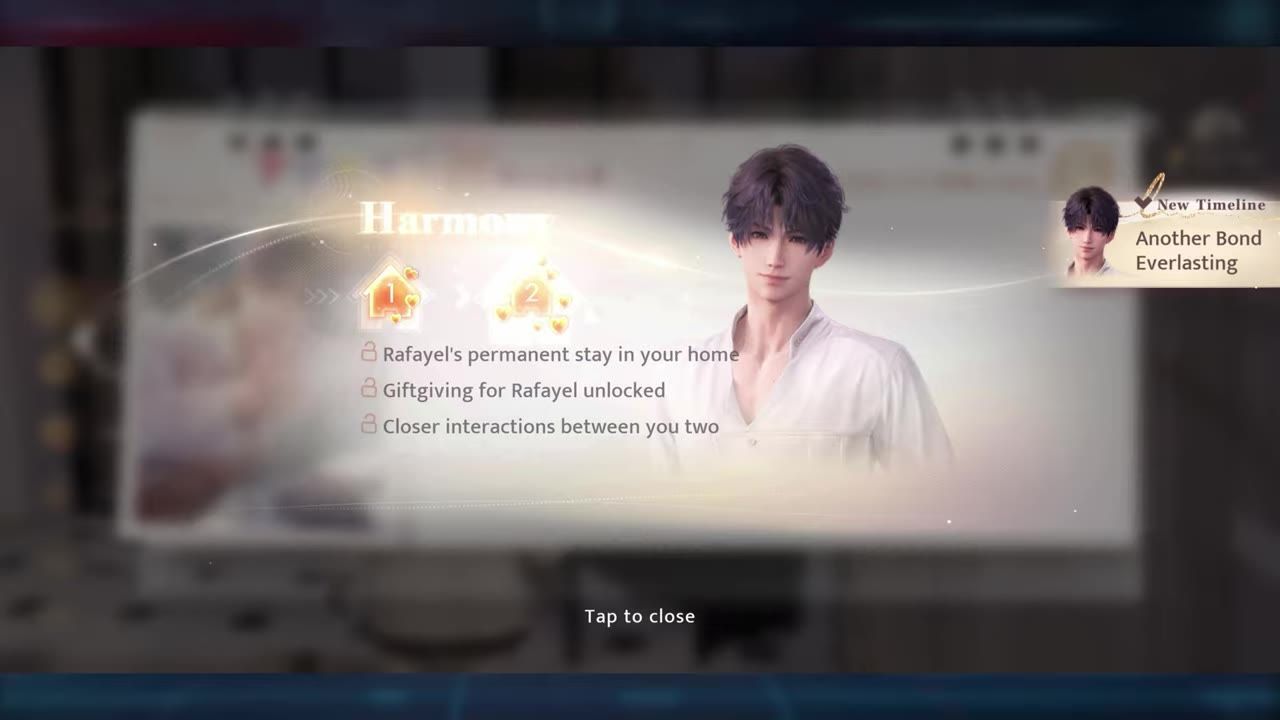 Screenshot of the Harmony task completion screen, showing rewards and benefits unlocked.