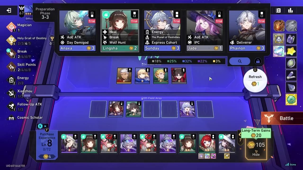 Game selection screen showing characters and trials in a strategic game interface.