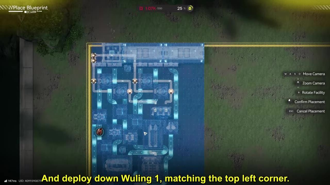 Blueprint of a facility setup overlaid on a grassy terrain, showing connections and placement options.