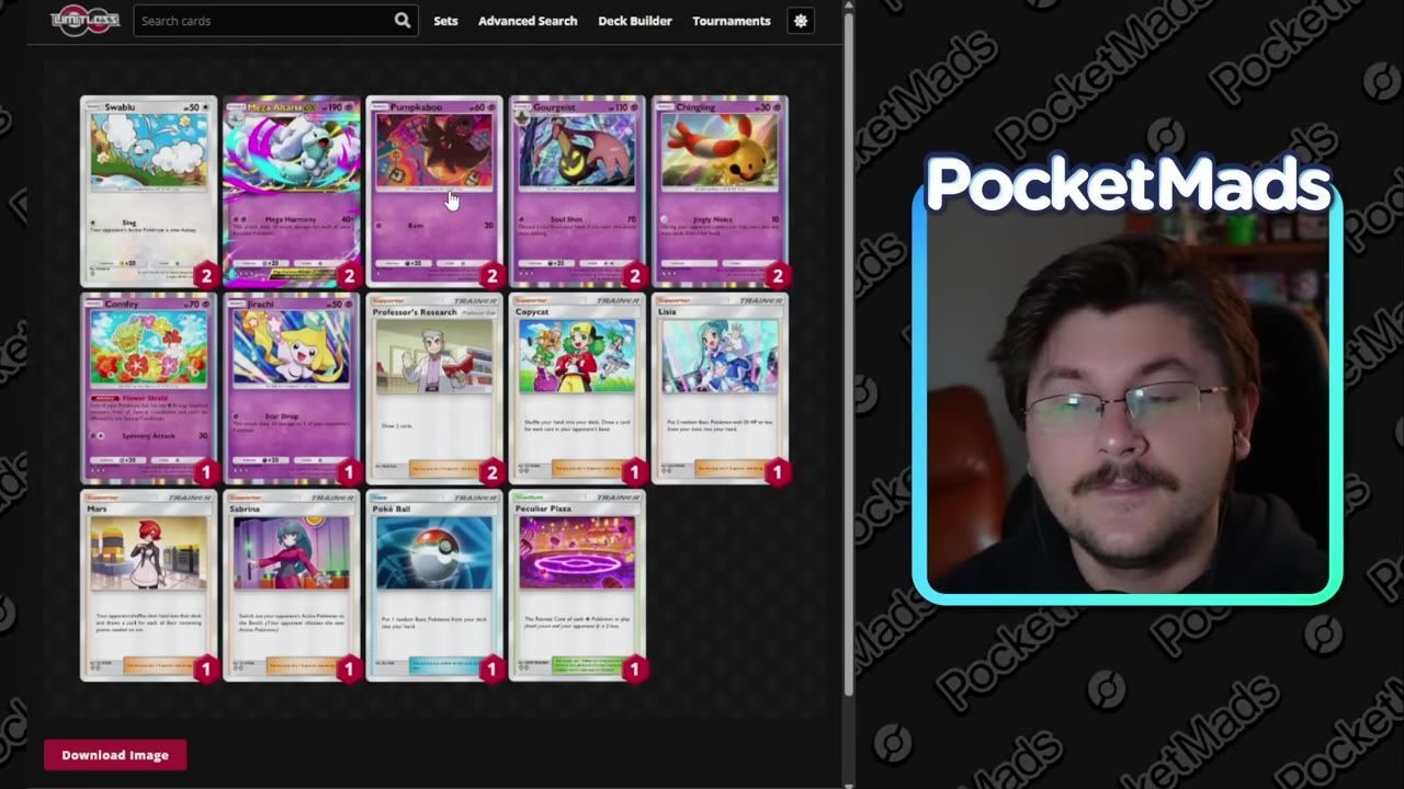 A Pokémon card deck list is displayed in a grid, with Mega Altaria and support cards like Swablu, Pumpkaboo, Gourgeist, Chingling, and trainers visible.