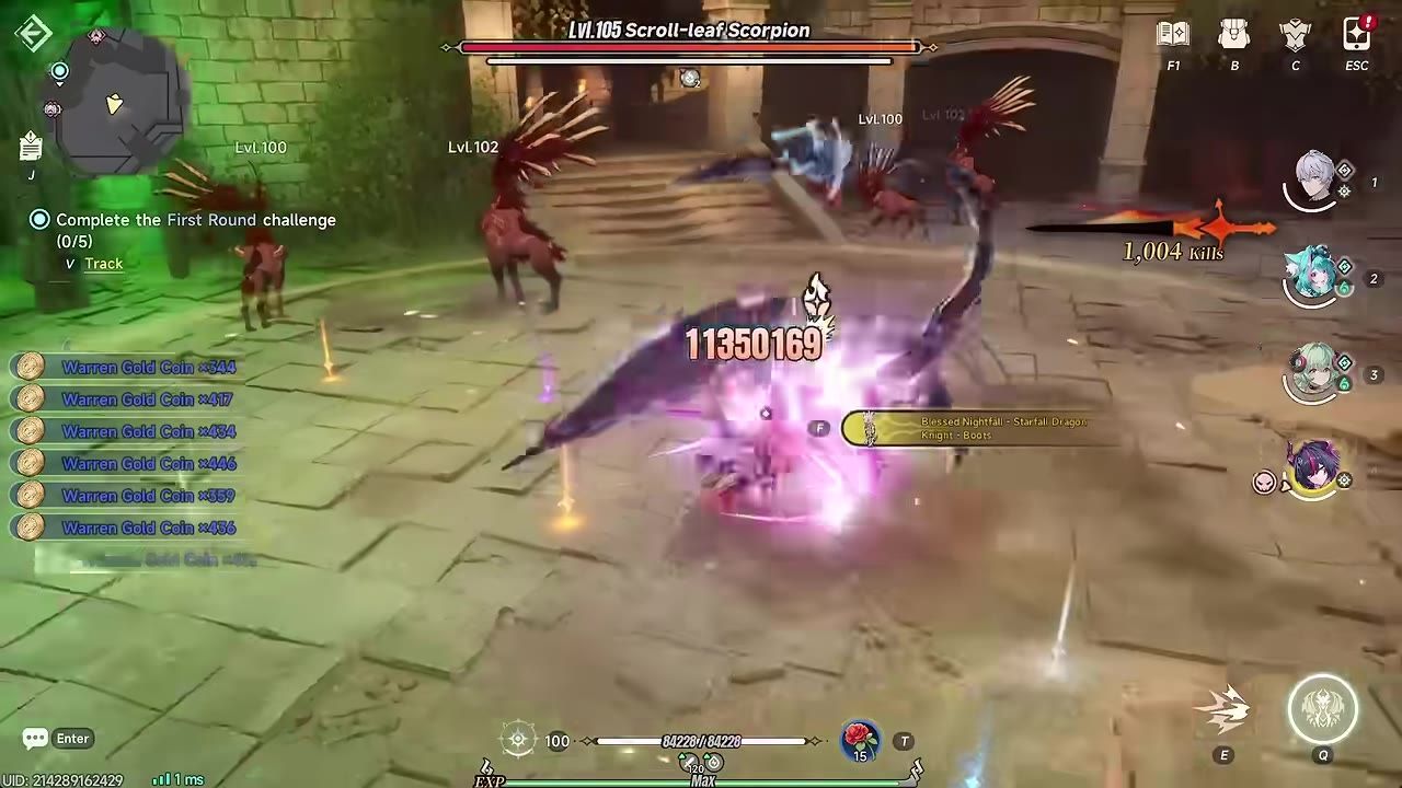 A combat scene shows a character surrounded by a purple area effect while attacking several enemies in a stone courtyard, with damage numbers and quest UI on screen.