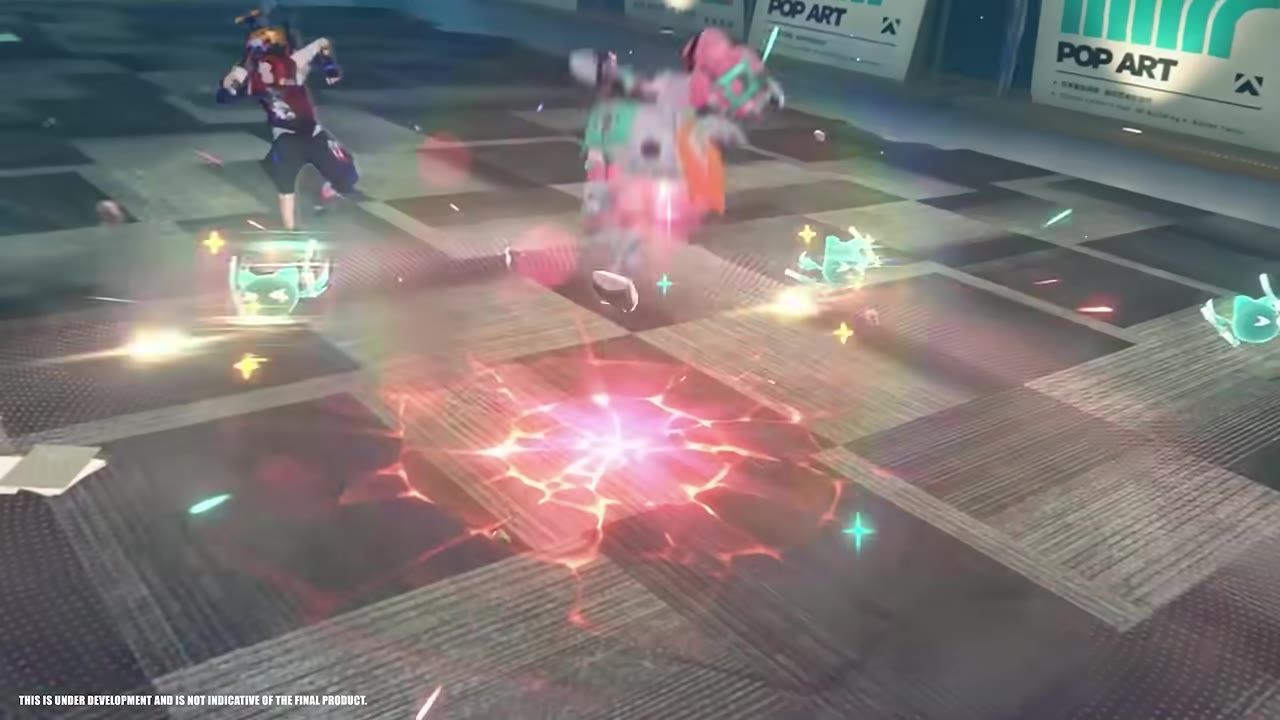A character in a colorful outfit uses glowing effects and attacks in a gaming action sequence.