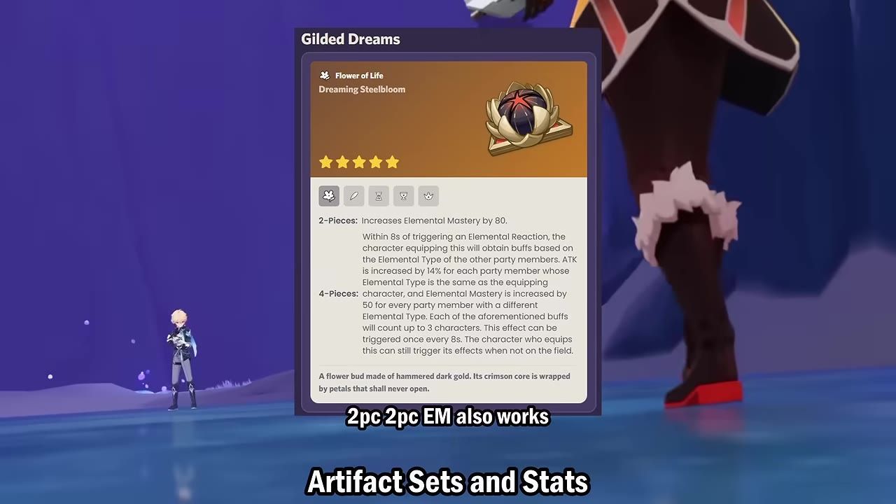 An artifact description showing its effects and bonuses, emphasizing Elemental Mastery.