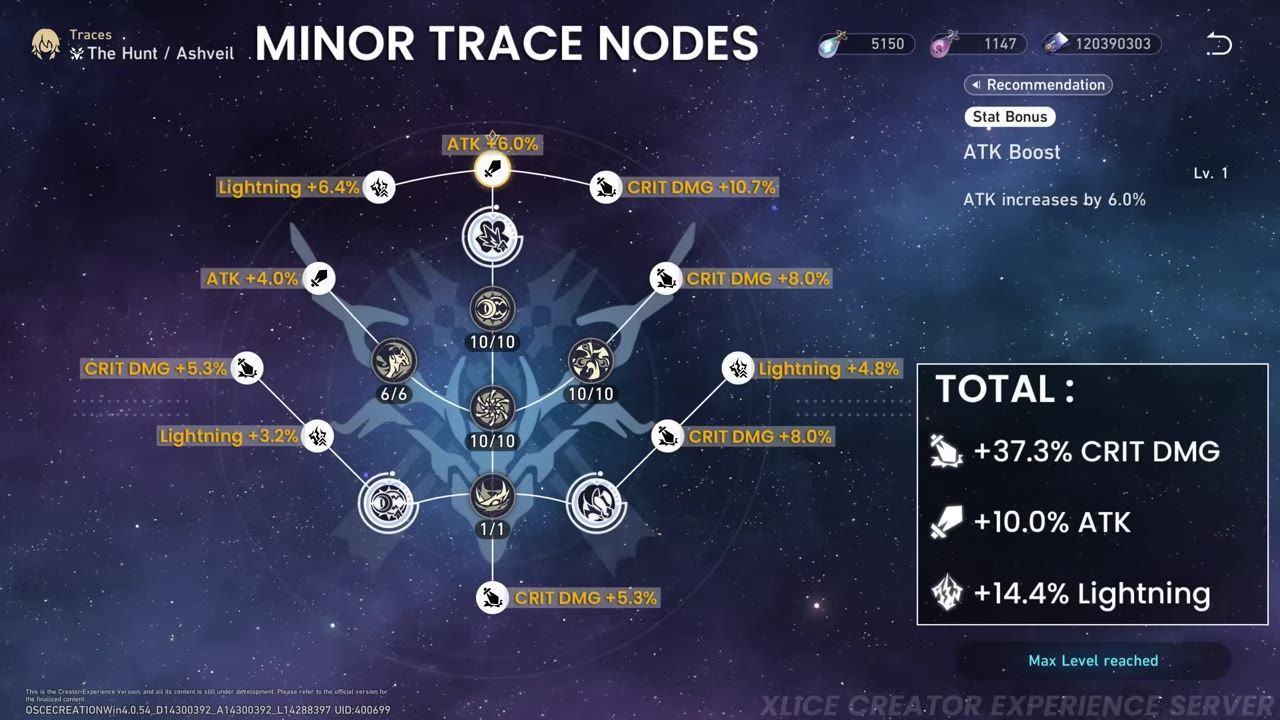 An open trace menu showing benefits and stats for Ashveil, such as increased attack and critical damage.