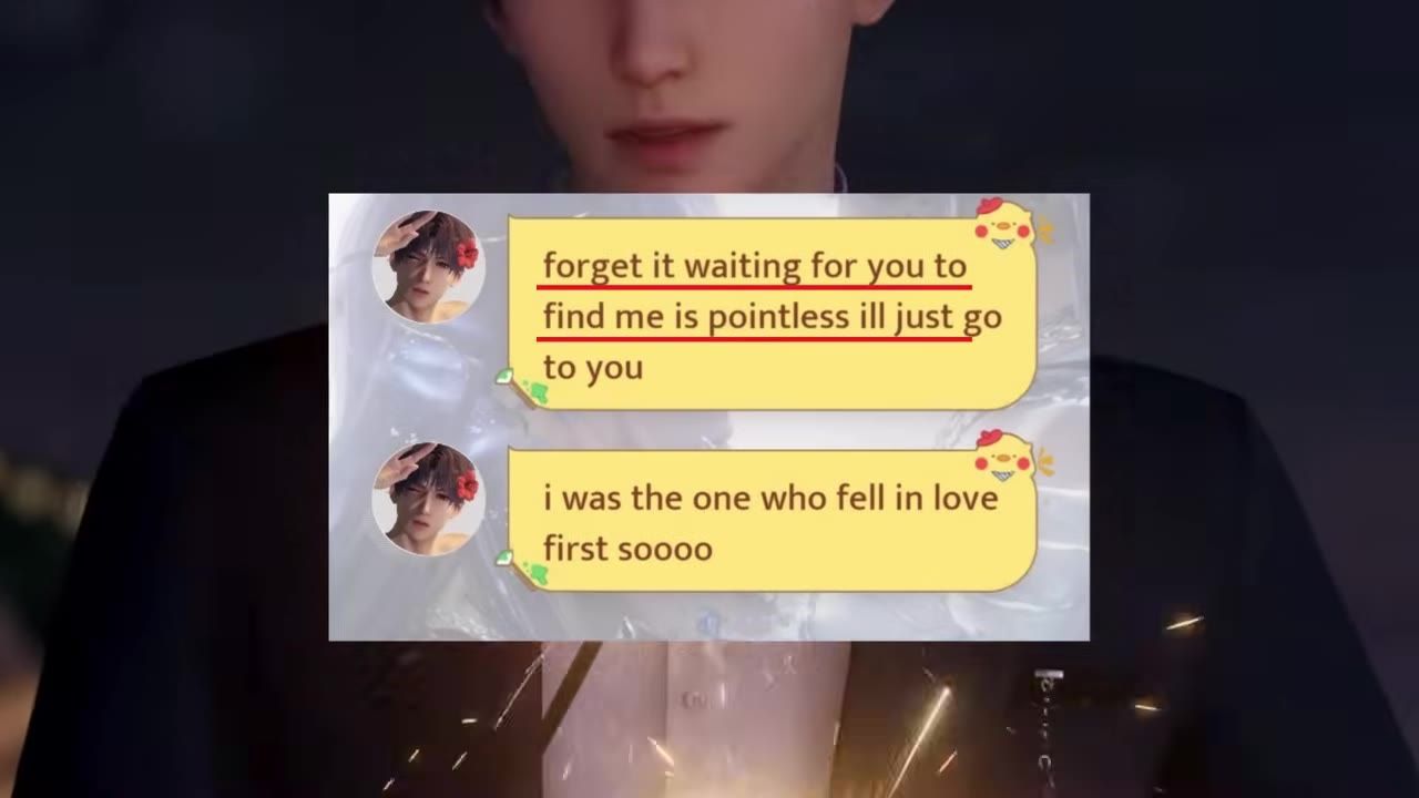 A game character stands in the background while a centered chat-style graphic shows two yellow message bubbles with Rafayel references.