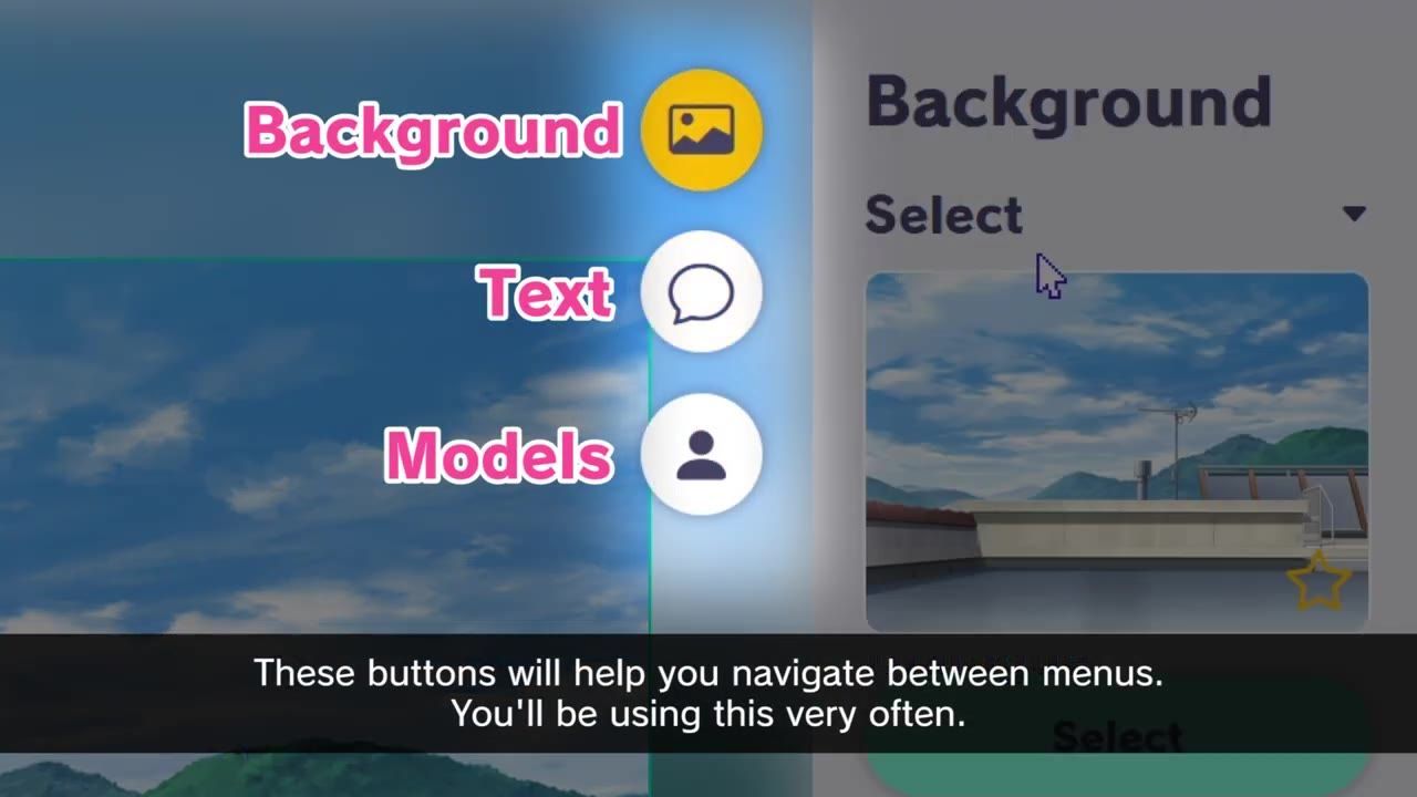 A background menu is open with a background preview image on the right and menu icons for Background, Text, and Models on the left.