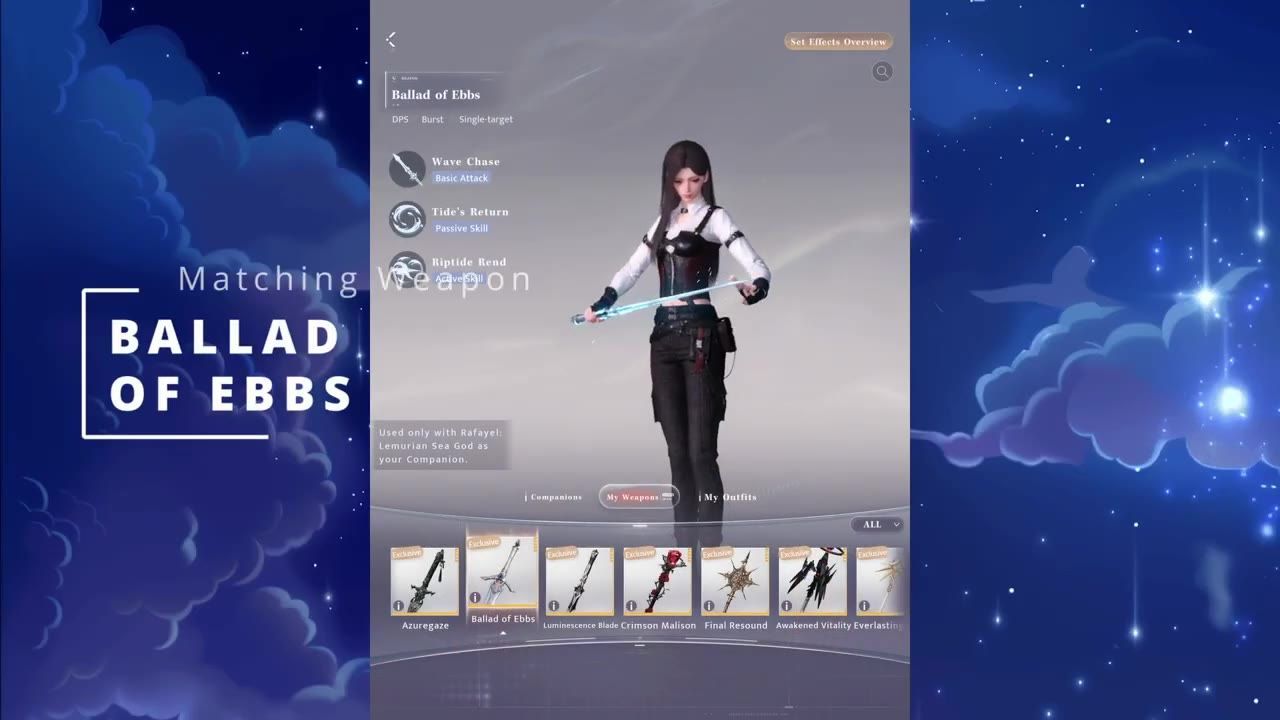 A game weapon screen shows the Ballad of Ebbs entry selected, with a female character holding a glowing sword in the center and weapon cards along the bottom.